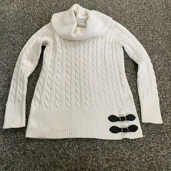 Calvin Klein Cable Knit Turtleneck Sweater with Bow Detail in Cream - Picture 1 of 4